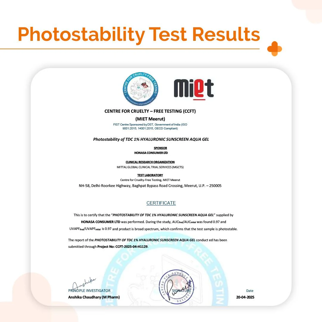 1% Hyaluronic Sunscreen Aqua Gel In Vivo Tested (ISO 24444:2019 Certified, CTRI/2025/02/080287) with SPF 50 & PA++++ - 125 g - Image 6